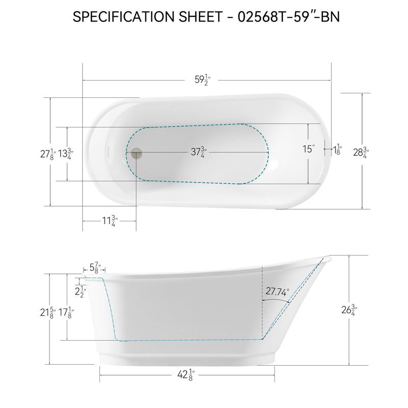 Freestanding Bathtub Modern Stand Alone Soaking Bathtub - Brushed Nickel Drain And Minimalist Linear Design Overflow Included, Cupc Certified - White