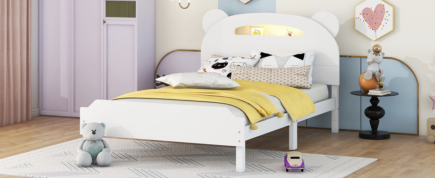 Twin Size Wood Platform Bed with Bear-shaped Headboard,Bed with Motion Activated Night Lights,White - Atlantic Fine Furniture Melbourne FL
