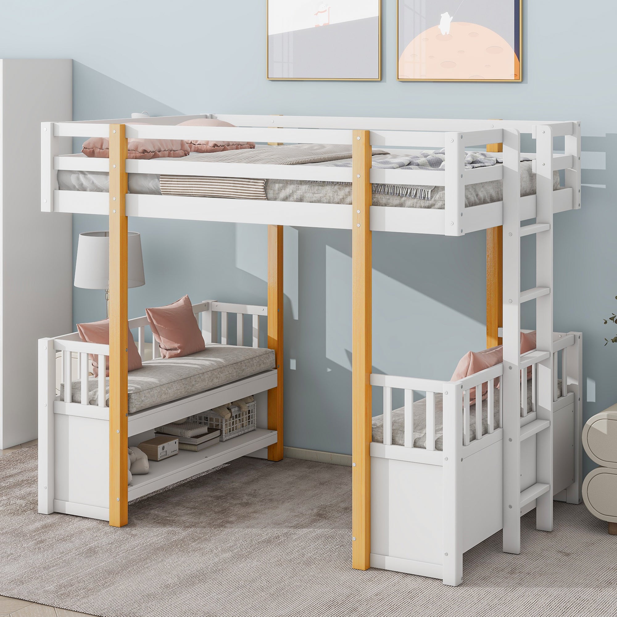 Wood Twin Size Loft Bed with 2 Seats and a Ladder, White - Atlantic Fine Furniture Melbourne FL