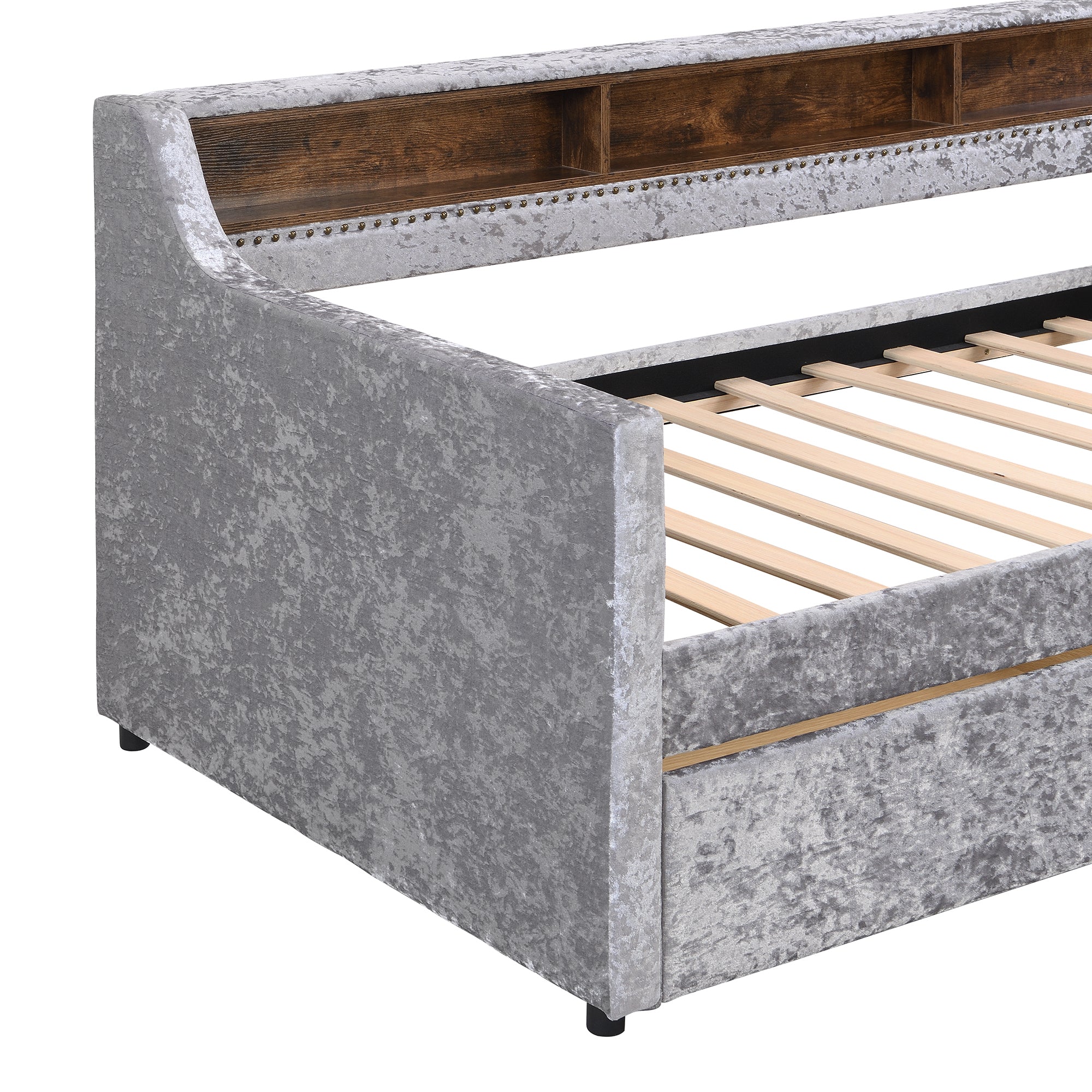 Twin Size Snowflake Velvet Daybed with Two Storage Drawers and Built-in Storage Shelves,Gray - Atlantic Fine Furniture Melbourne FL