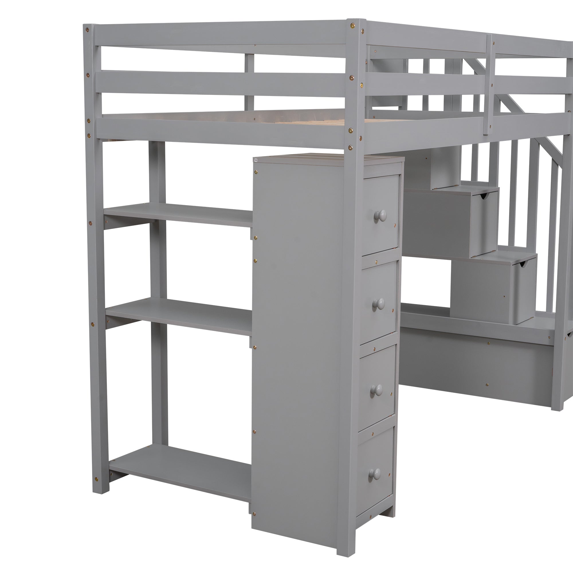 Twin size Loft Bed with Storage Drawers and Stairs, Wooden Loft Bed with Shelves - Gray - Atlantic Fine Furniture Melbourne FL