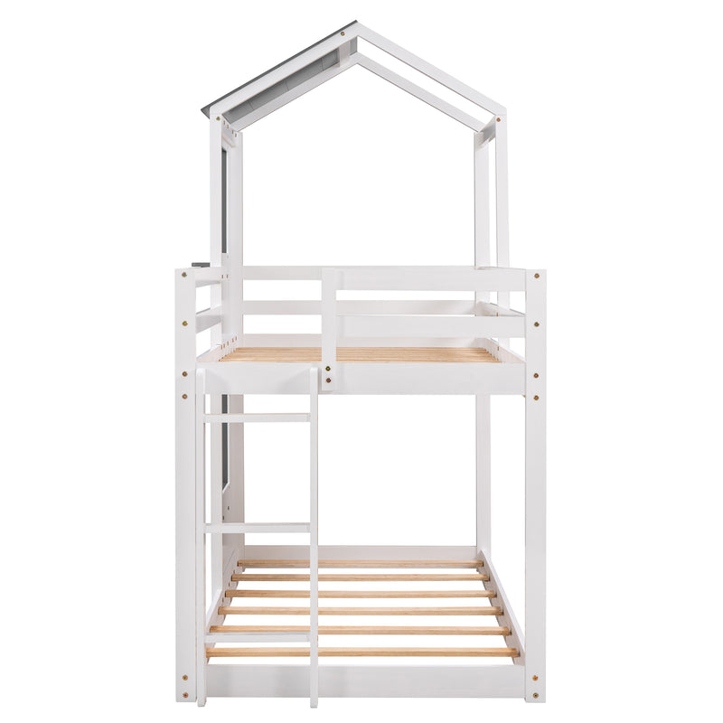 Twin Over Twin Bunk Bed Wood Bed with Roof, Window, Guardrail, Ladder (White)(OLD SKU :LP000056AAK)