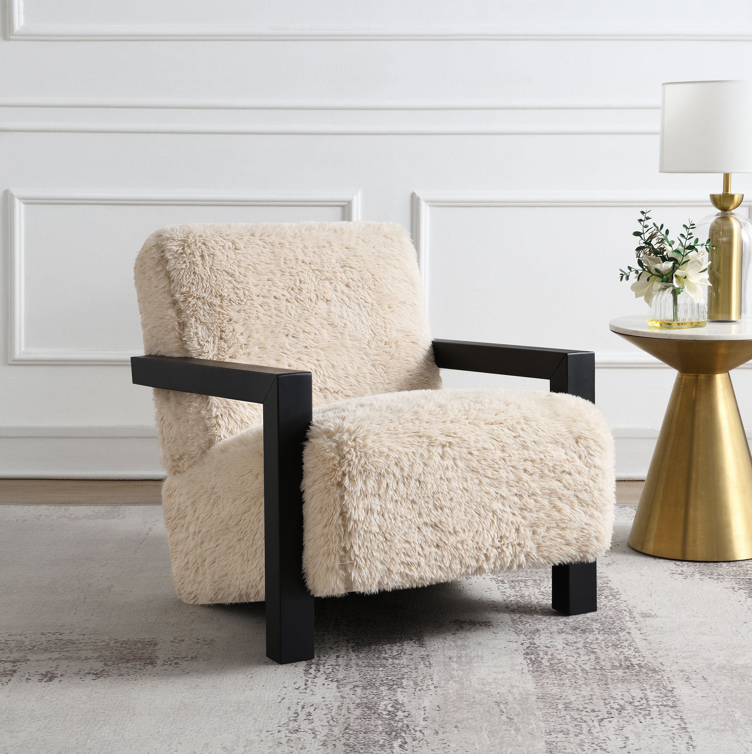 Fitzroy Faux Fur Upholstered Chair Solid Wood Arms Latte — view 2