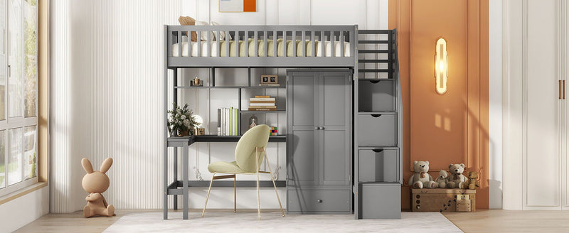 Twin Size Loft Bed With Bookshelf, Drawers, Desk, And Wardrobe - Gray