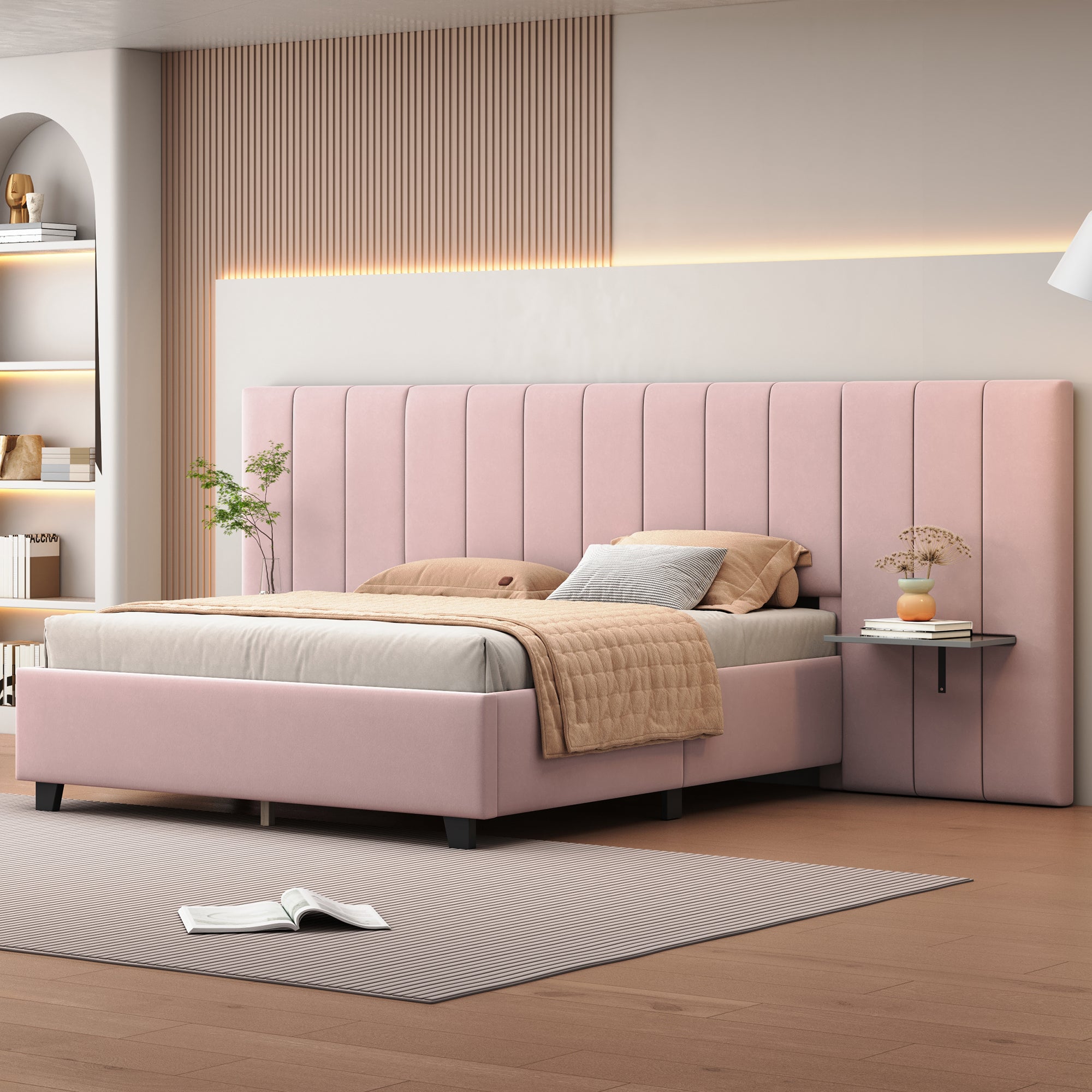 Queen Size Upholstered Platform Bed with Big Headboard, Bedroom Furniture, Velvet, Pink - Atlantic Fine Furniture Melbourne FL
