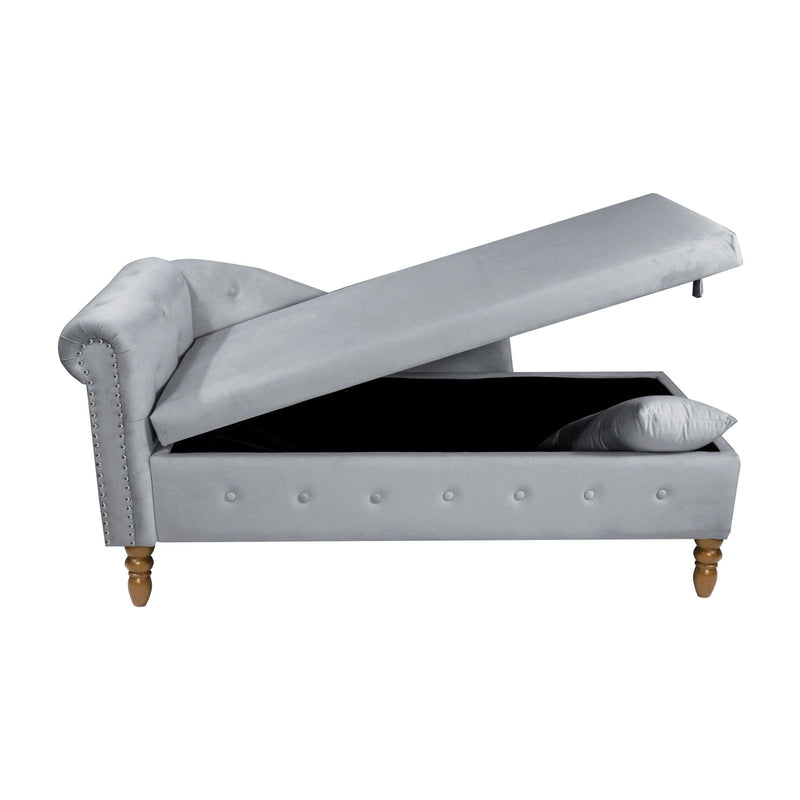Chaise Lounge Indoor, Velvet Lounge Chair For Bedroom With Storage & Pillow, Modern Upholstered Rolled Arm Chase Lounge For Sleeping With Nailhead Trim For Living Room Bedroom Office