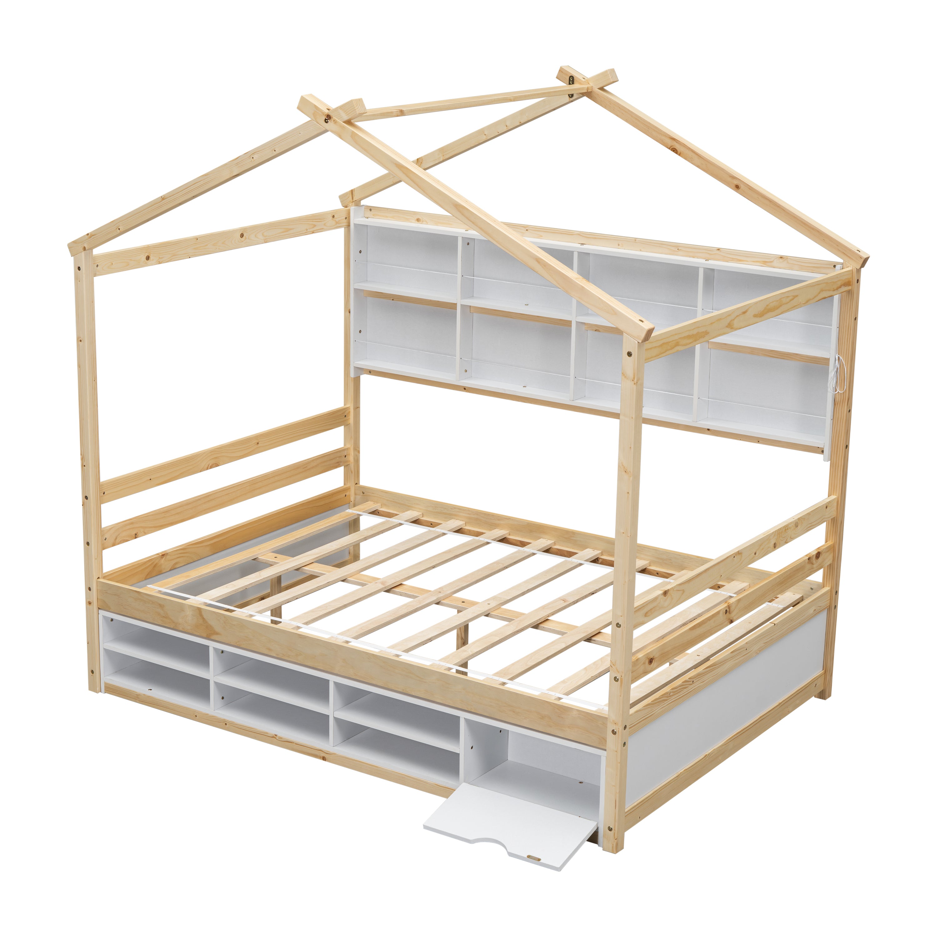 Full House Bed with Roof Frame, Bedside-shelves, Under Bed Storage Unit,Natural - Atlantic Fine Furniture Melbourne FL