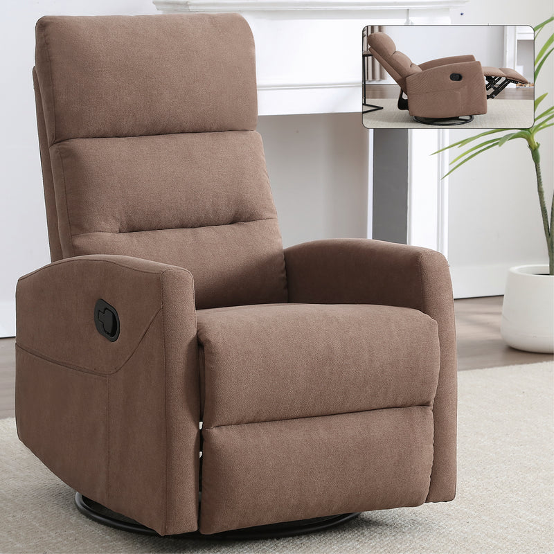 Manual Recliner Chair with Rocker and Swivel in Fabric for Living Room, Brown