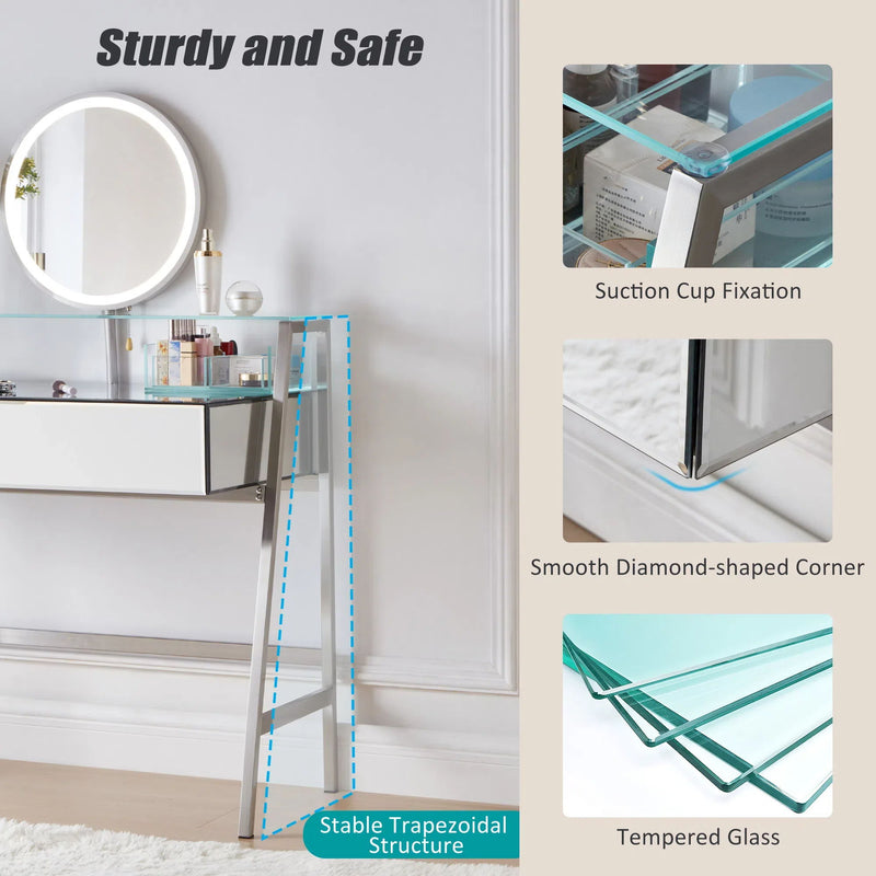 33.9" Mirrored Makeup Vanity Desk With Mirror And Lights, Mirrored Console Vanity Table With 2 Big Drawers & Open Shelf, Dressing Table With Charging Station For Bedroom - Silver