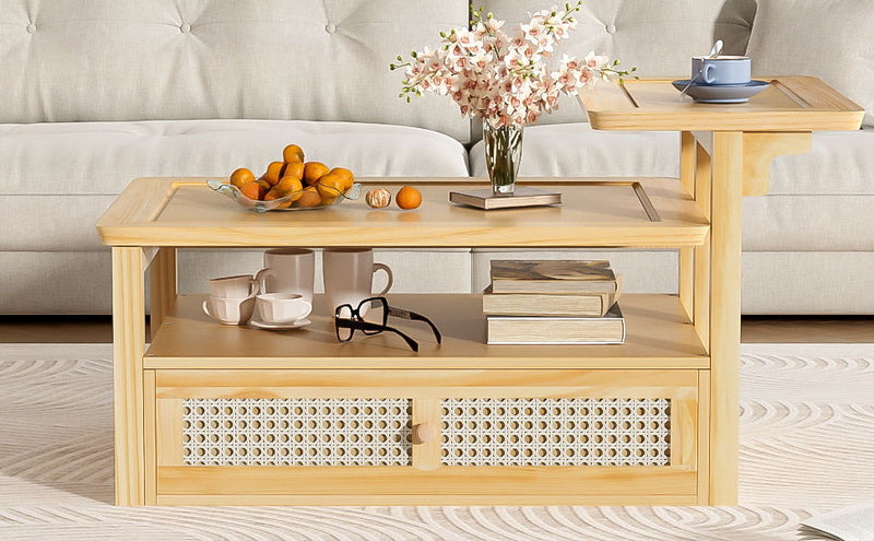 Coffee Table With 1 Storage Shelf, 2 Tabletops And 1 Rattan Drawer