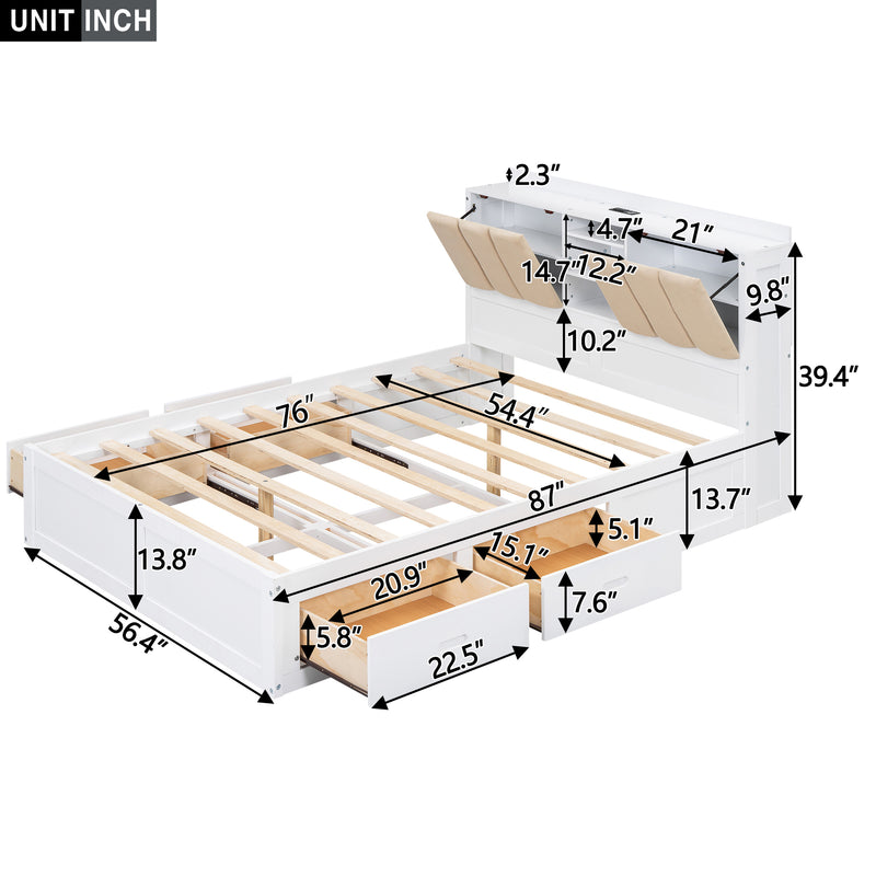 Wood Full Size Platform Bed with Storage Headboard and 4 Drawers, White