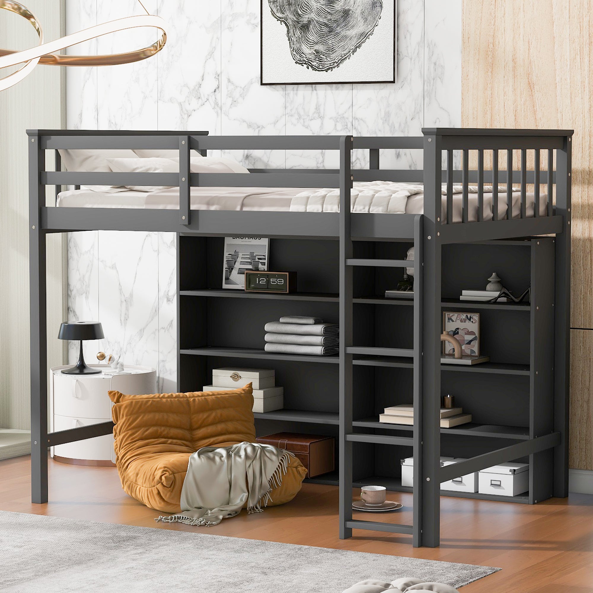 Twin Size Loft Bed with 8 Open Storage Shelves and Built-in Ladder, Gary - Atlantic Fine Furniture Melbourne FL