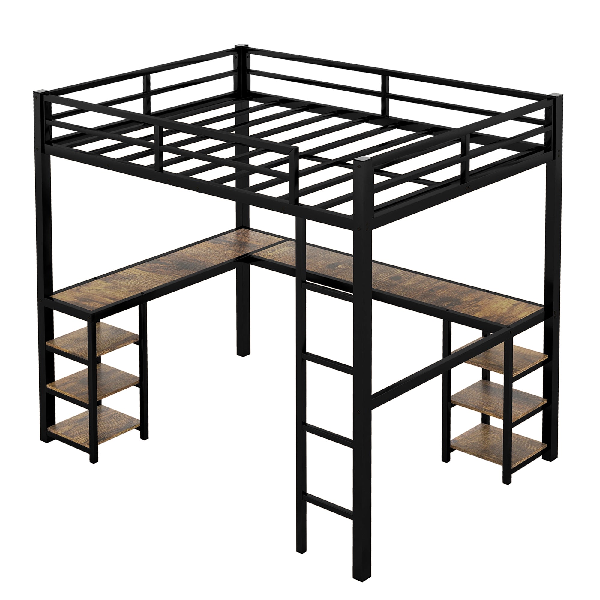 Full Metal Loft Bed with Desk and Shelves, Loft Bed with Ladder and Guardrails, Loft Bed Frame for Bedroom, Black (Old SKU: W1307S00016) (Pre-sale date: 2024/3/7.)