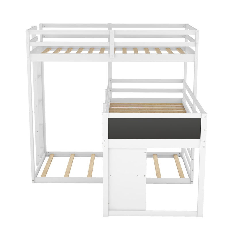L-shaped Wood Triple Twin Size Bunk Bed with Storage Cabinet and Blackboard, Ladder, White
