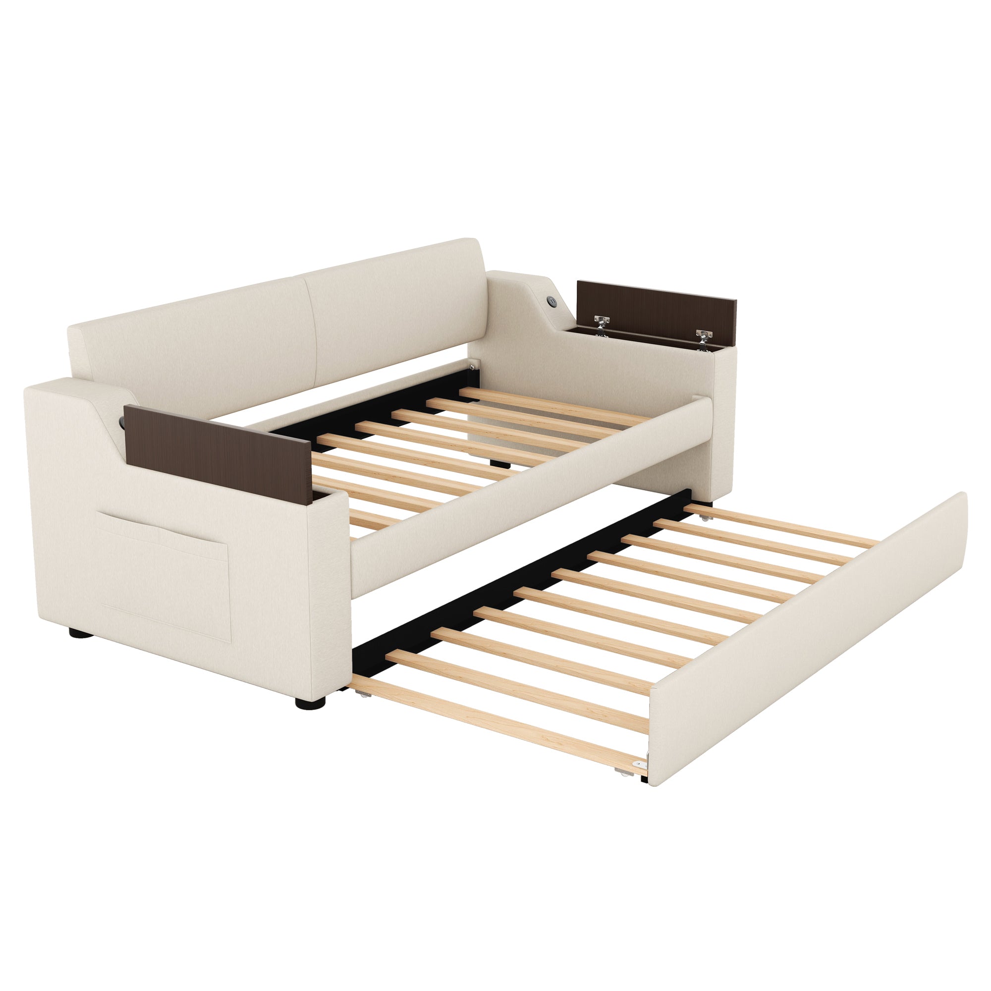 Twin Size Upholstery Daybed with Storage Arms, Trundle and USB Design, Beige - Atlantic Fine Furniture Melbourne FL