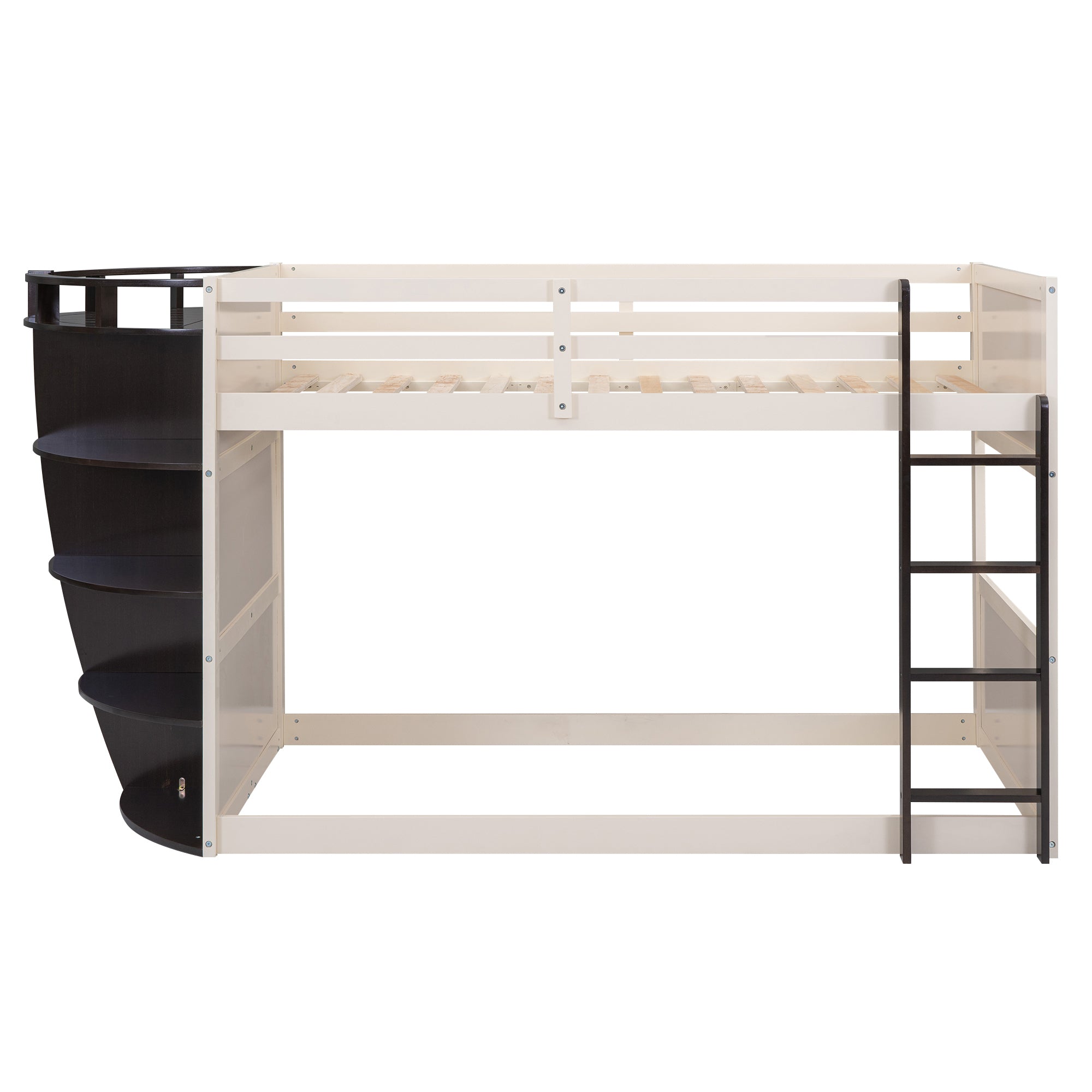 Twin over Twin Boat-Like Shape Bunk Bed with Storage Shelves, Cream+Espresso - Atlantic Fine Furniture Melbourne FL