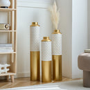 Modern Droplet Shaped Floor Vase Set Honeycomb Design, 3 Piece Metal Decorative Vases For Home Interior Display - Gold / White