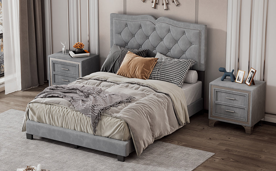 Full Size Upholstered Bed Frame with Rivet Design, Modern Velvet Platform Bed with Tufted Headboard,Gray - Atlantic Fine Furniture Melbourne FL