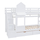 Twin-Over-Twin Castle Style Bunk Bed with 2 Drawers 3 Shelves and Slide - White