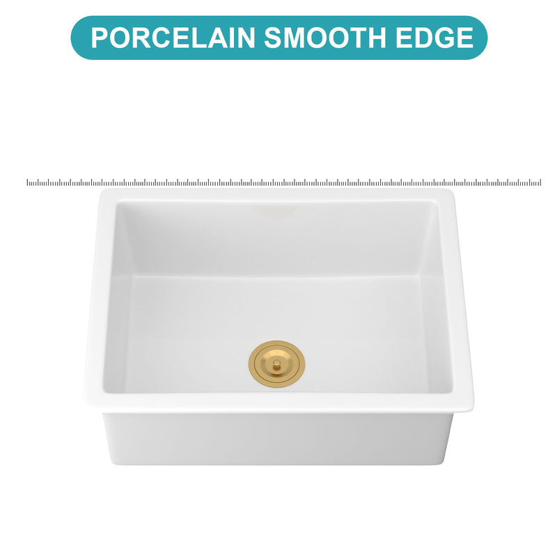Rectangular Deep Single Bowl Kitchen Sink, Undermount Top Mount Porcela Stainless Steel Grid - White