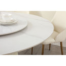 Modern Sintered Stone Dining Table With Round Turntable, Wood And Metal Pedestal, 8 Chairs - White