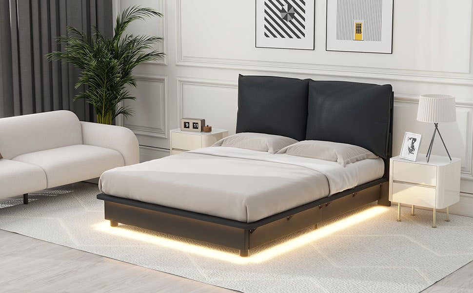 Full Size Upholstered Platform Bed with Sensor Light and Ergonomic Design Backrests, Black - Atlantic Fine Furniture Melbourne FL