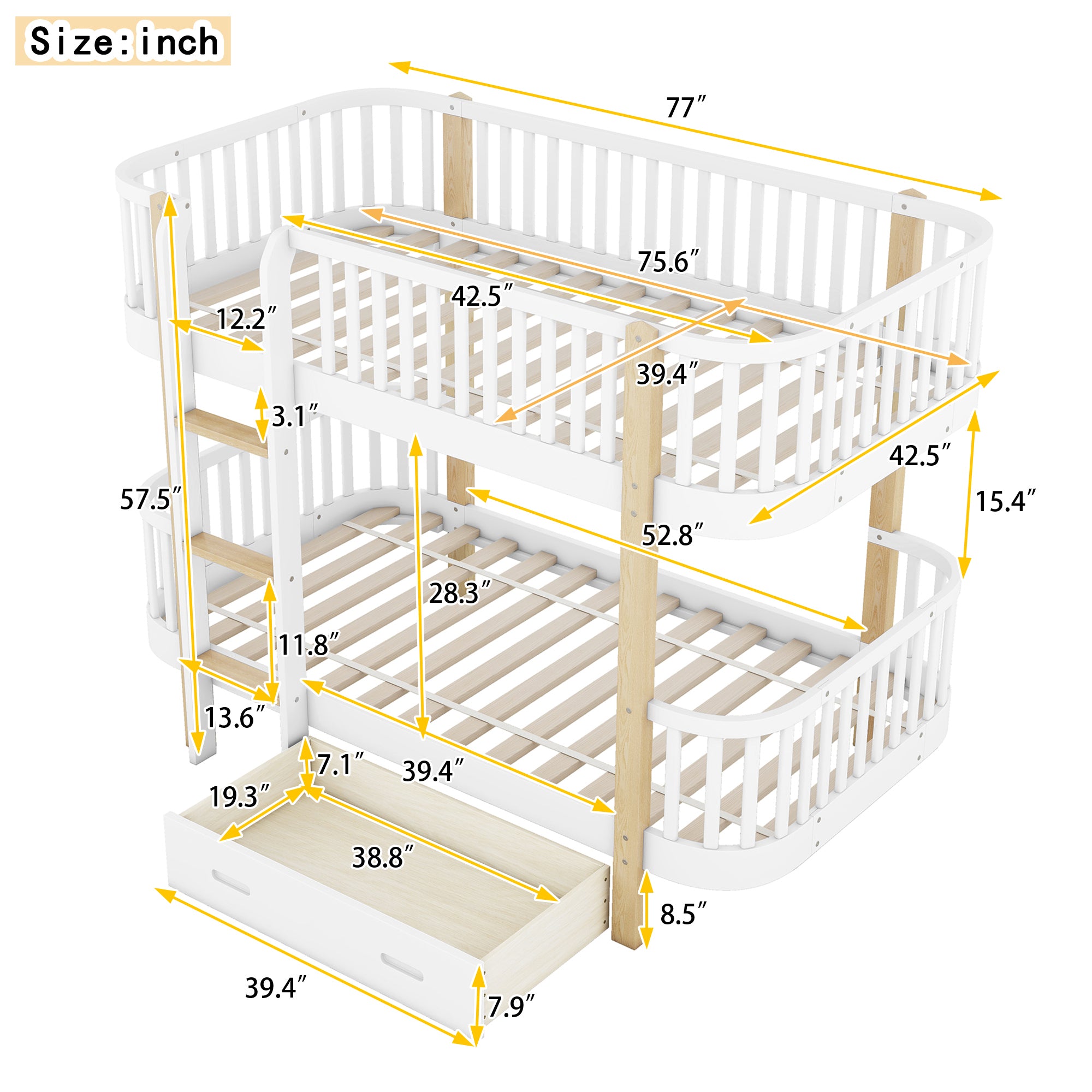 Wood Twin over Twin Bunk Bed with Fence Guardrail and a Big Drawer, White - Atlantic Fine Furniture Melbourne FL