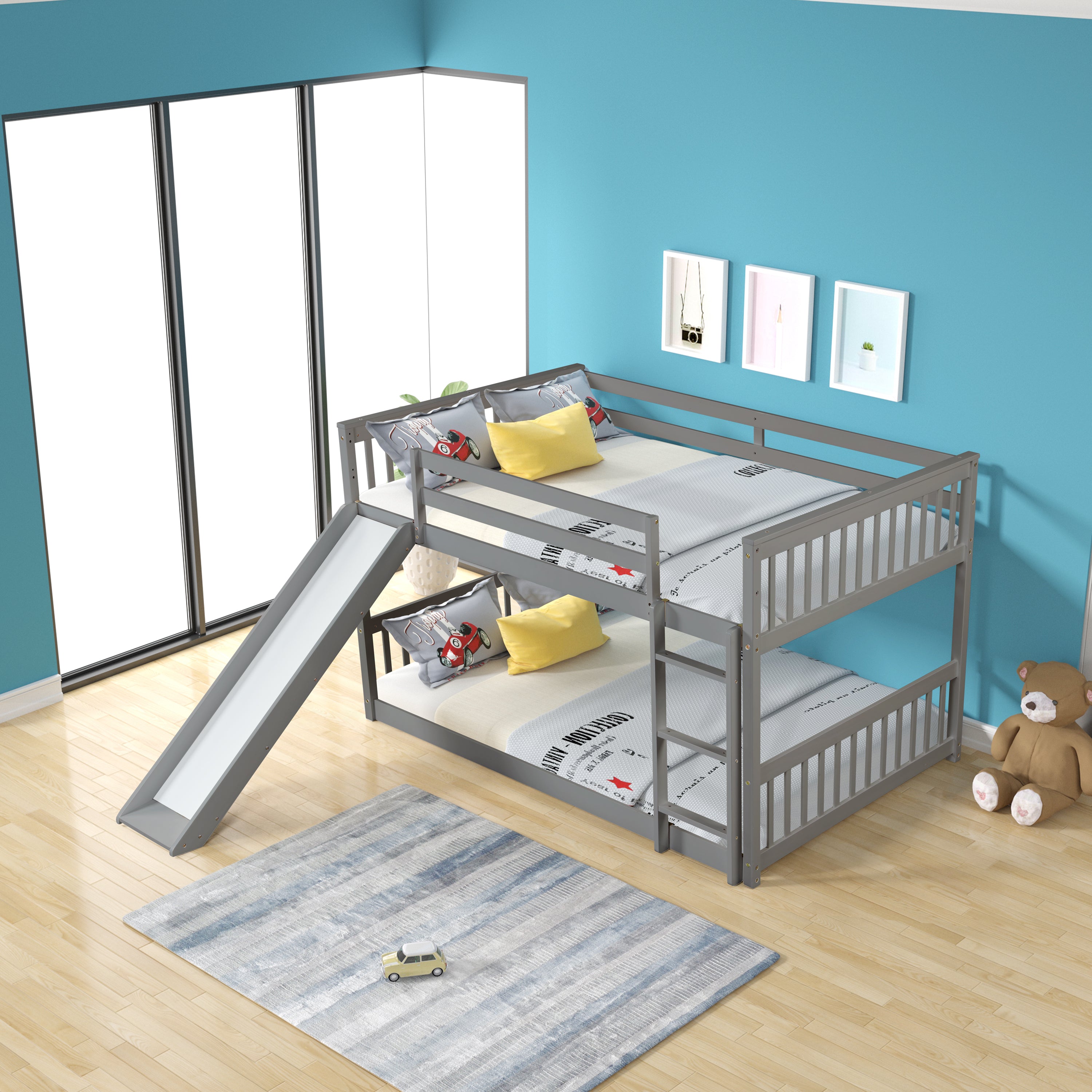 Full over Full Bunk Bed with Slide and Ladder in Grey Color