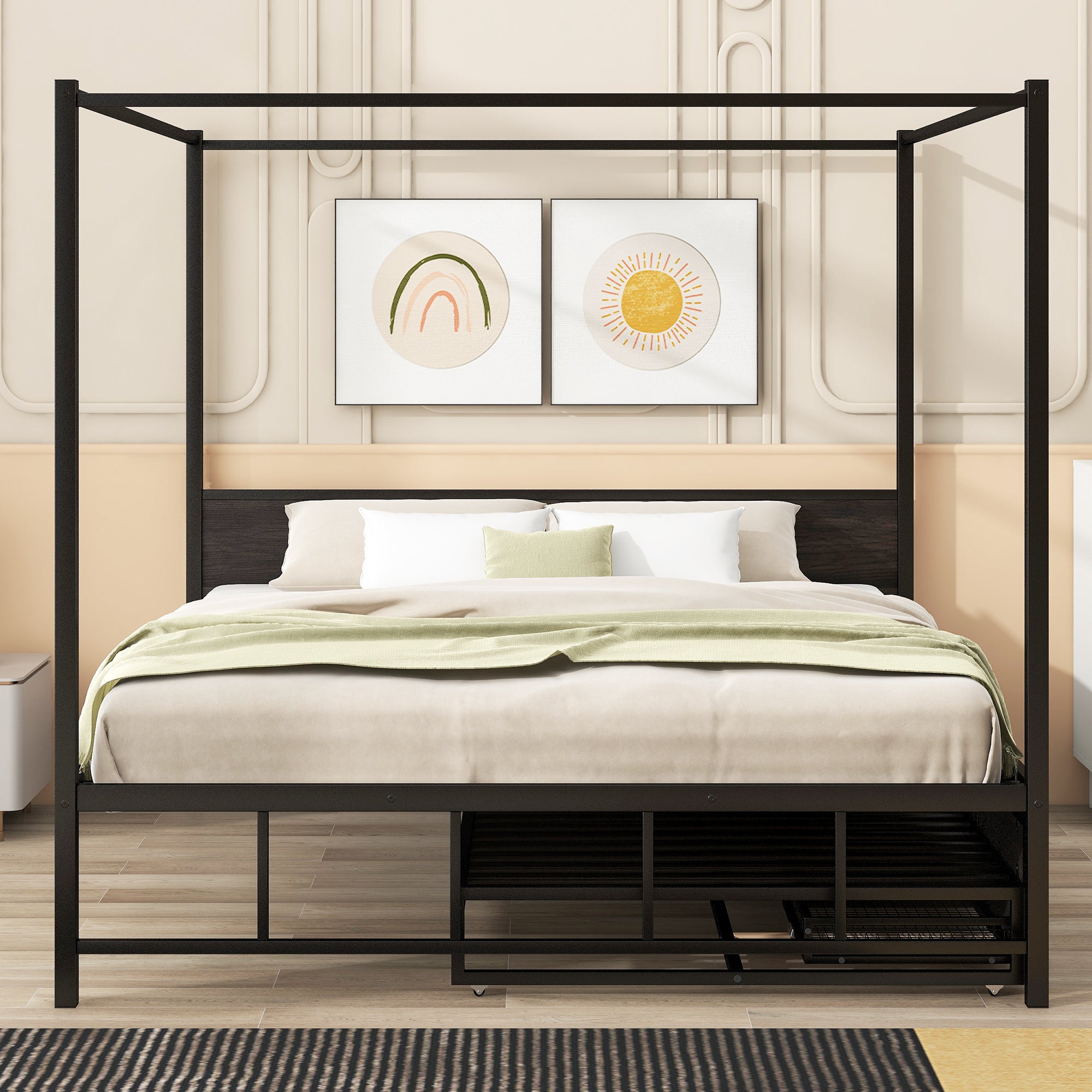 Queen Size Metal Canopy Platform Bed with Twin Size Trundle and 3 Storage Drawers, Black - Atlantic Fine Furniture Melbourne FL