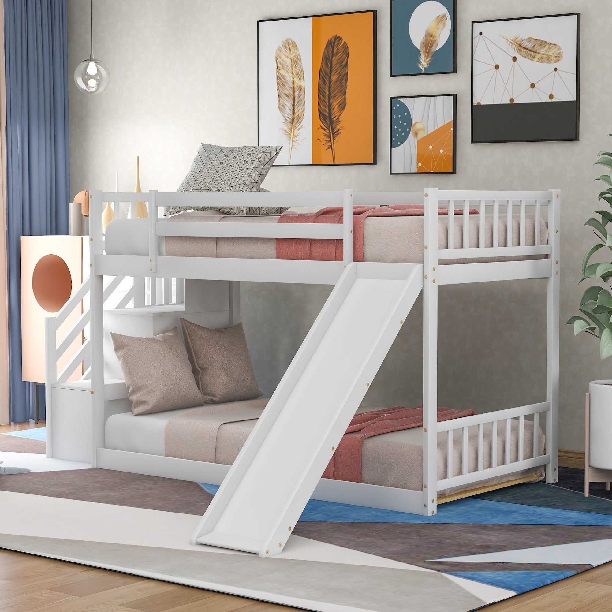 Twin over Twin Bunk Bed with Convertible Slide and Stairway, White - Atlantic Fine Furniture Melbourne FL