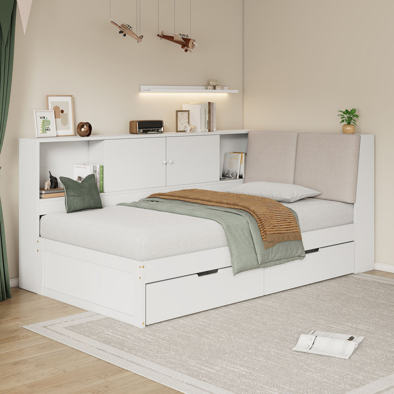 L-Shaped Daybed Corner Bed Under Bed Drawers With Storage Bookcase And Upholstered Headboard And USB Charging Ports