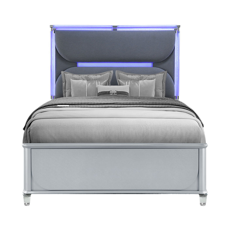 Laura - Queen Bed With Upholstered Headboard And LED Lights - Silver