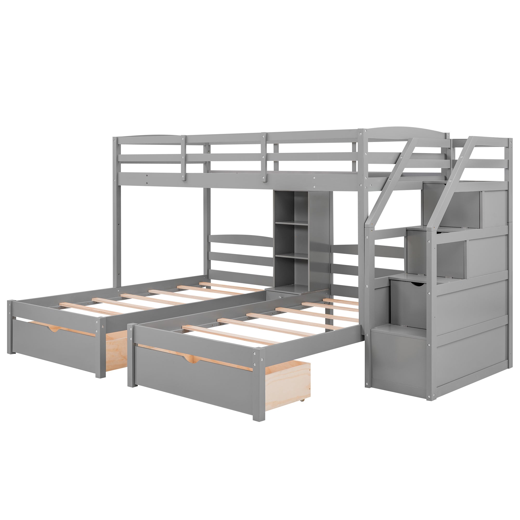 Twin over Twin&Twin Bunk Bed, Triple Bunk Bed with Drawers, Staircase with Storage, Built-in Shelves, Gray - Atlantic Fine Furniture Melbourne FL