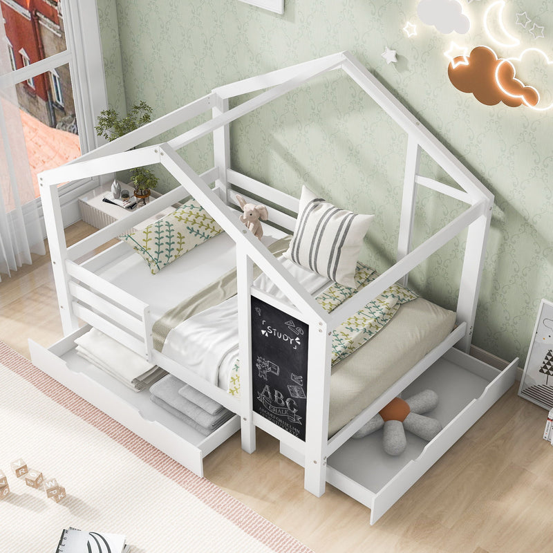 Twin House Bed With Blackboard And Drawers, 2 Assembly Options - White