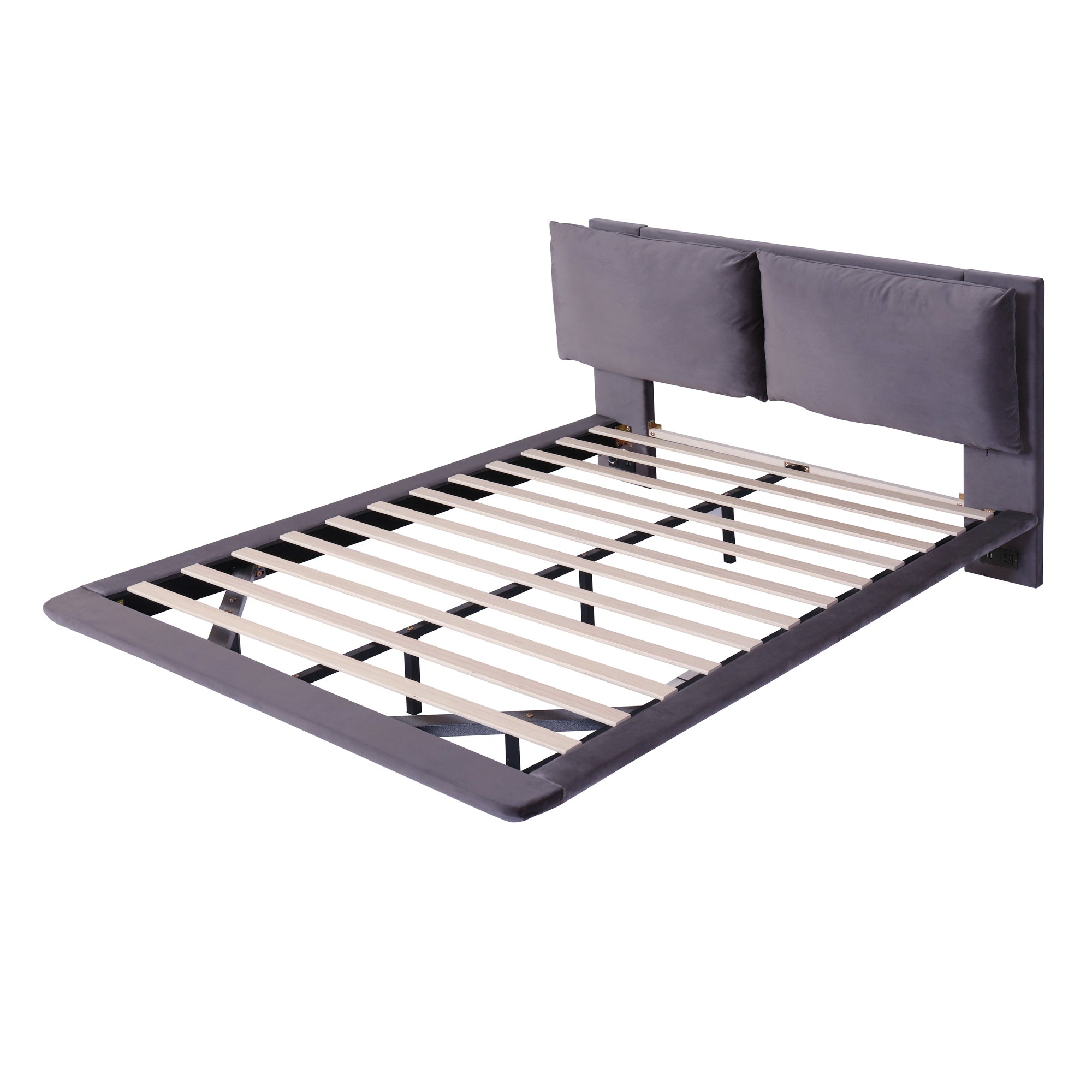 Queen Size Upholstered Platform Bed with Sensor Light and 2 Large Backrests, Stylish Platform Bed with 2 sets of USB Port and Socket on each rear Bed Leg, Gray - Atlantic Fine Furniture Melbourne FL
