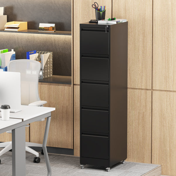 5 Drawer Metal Vertical File Cabinet with Lock on Wheels for Home Office,Heavy Duty Metal Storage Cabinet for A4/Letter/Legal Size Files, Black, 17.71'D*15.16'W*64.17'H