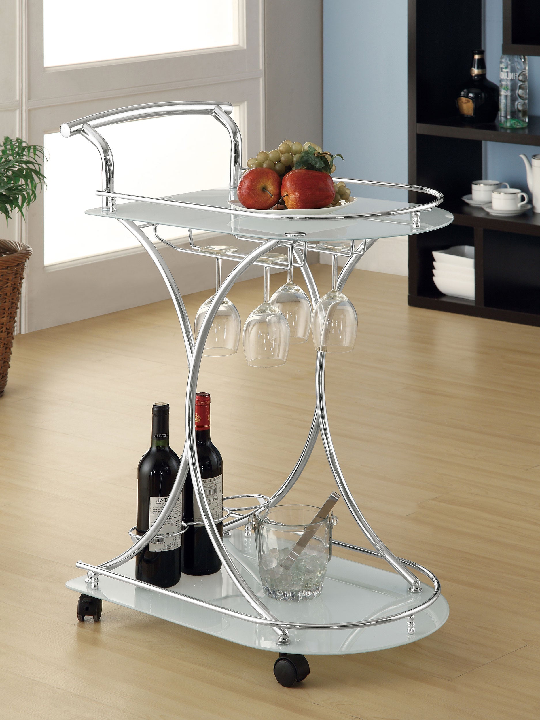 Elfman 2-tier Glass Shelf Metal Bar Cart White and Chrome — view 2