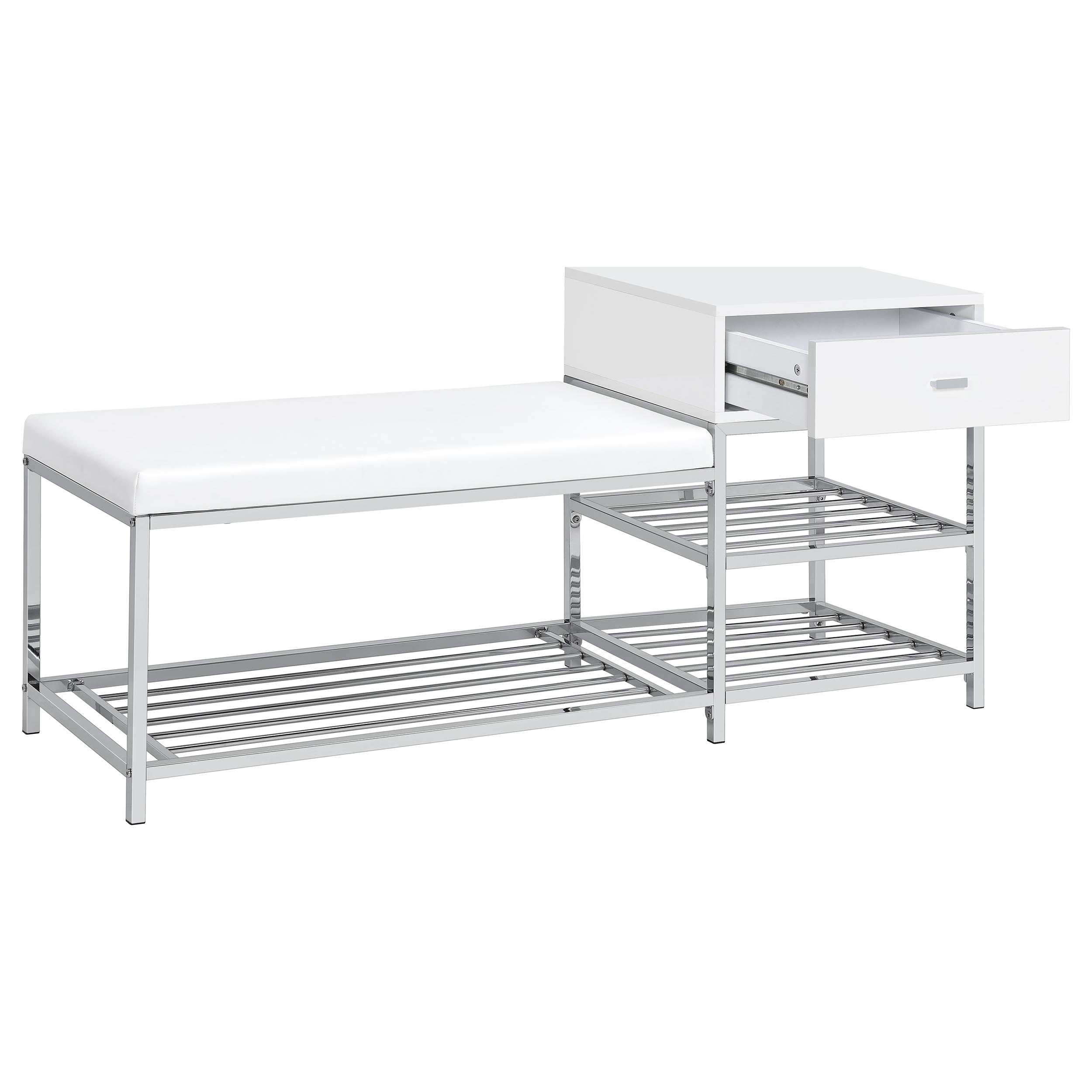 Siega 1-Drawer Shoe Storage Entryway Bench White High Gloss and Chrome — view 3