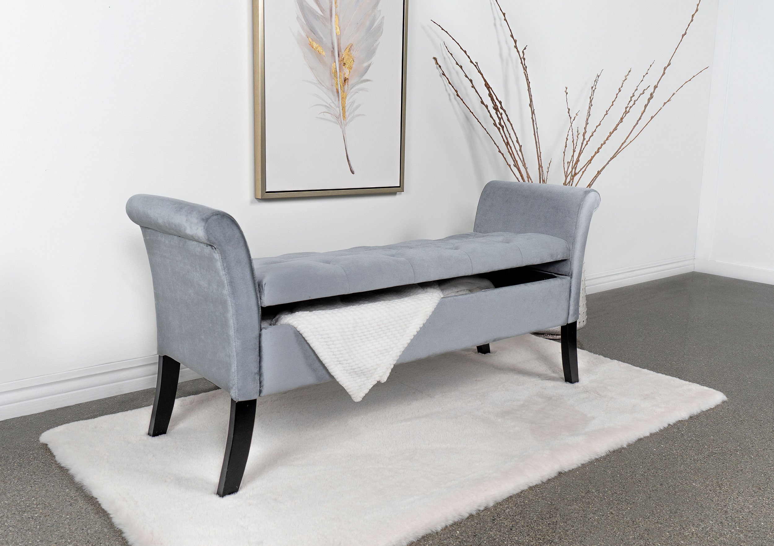 Farrah Velvet Upholstered Rolled Arm Storage Bench Silver — view 12
