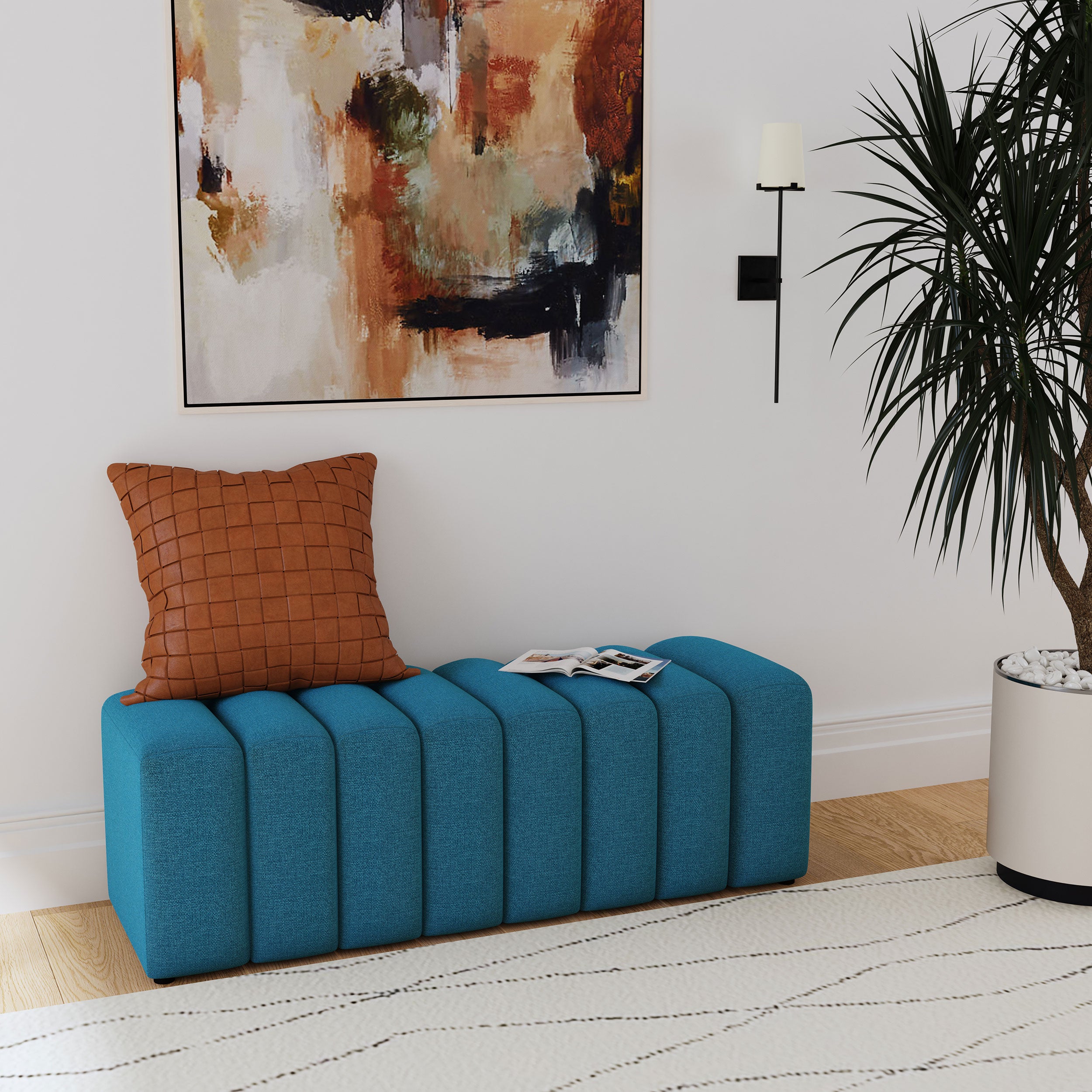 Summer Fabric Upholstered Tufted Accent Bench Peacock Blue — view 2