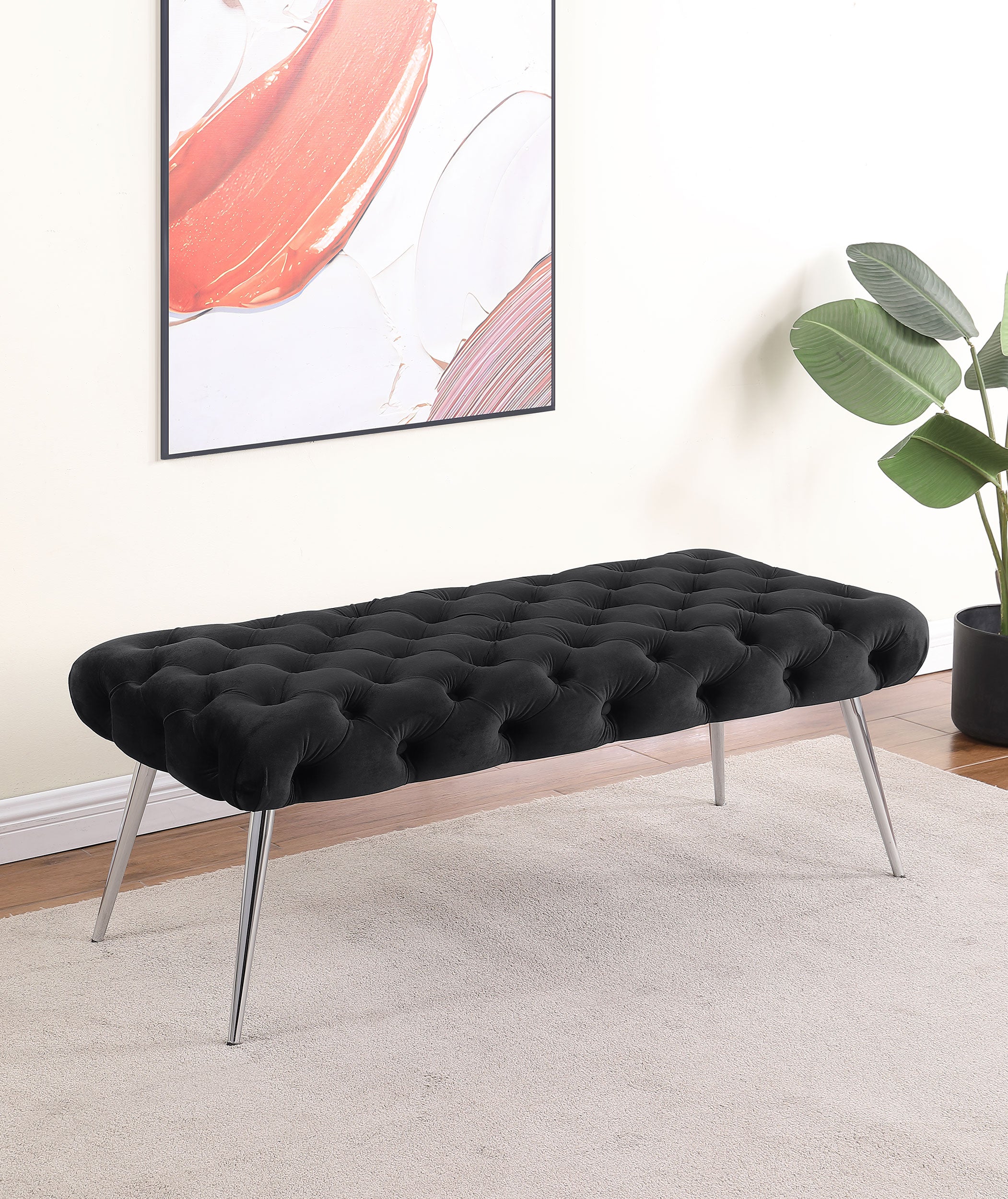 Ella Upholstered Tufted Bench Stainless Steel Legs Black — view 2