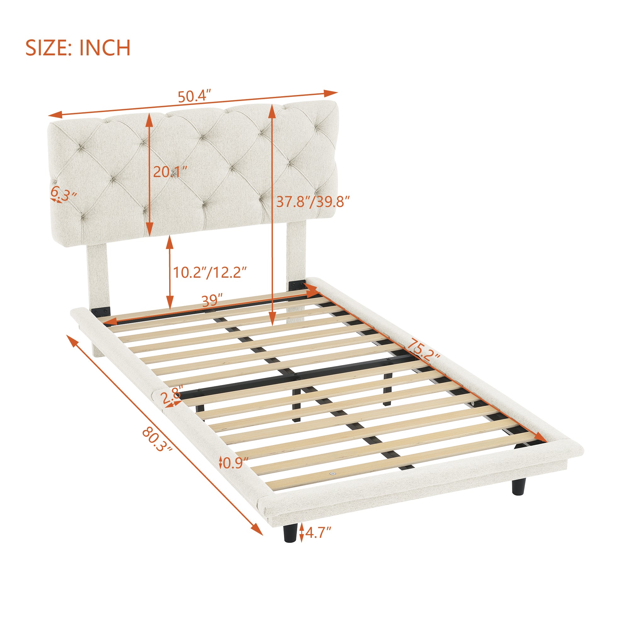 Twin Size Upholstered Bed with Light Stripe, Floating Platform Bed, Linen Fabric,Beige - Atlantic Fine Furniture Melbourne FL