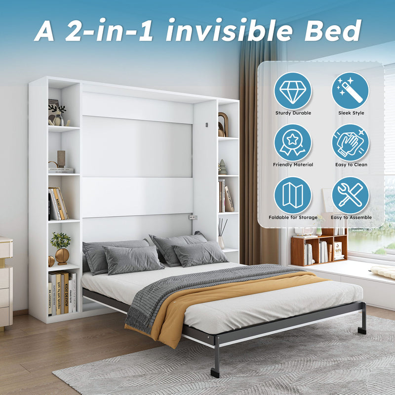 Queen Murphy Bed With Storage Cabinet - White