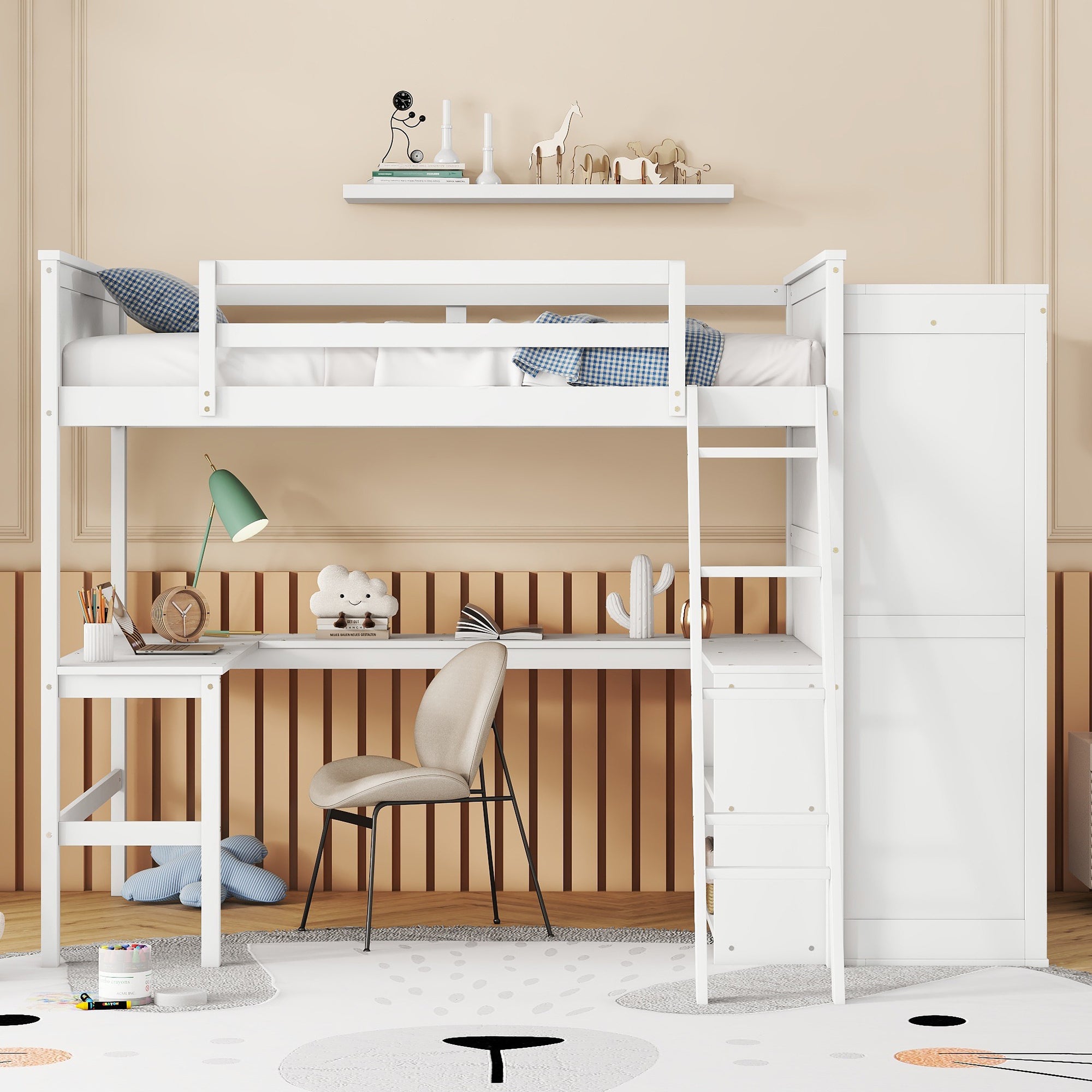 Full size Loft Bed with Desk, Shelves and Wardrobe-White - Atlantic Fine Furniture Melbourne FL