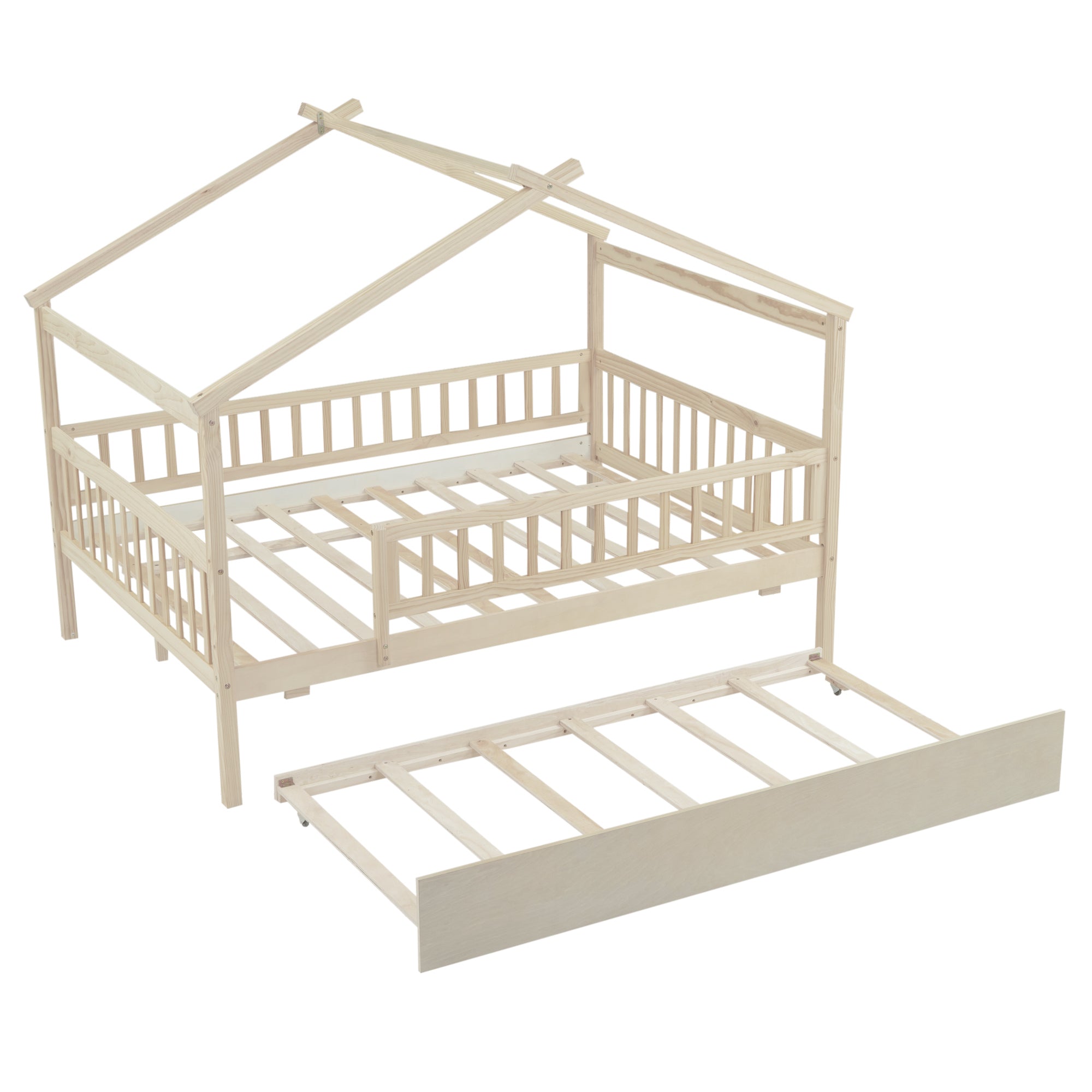 Full Size Wooden House Bed with Twin Size Trundle, Natural - Atlantic Fine Furniture Melbourne FL