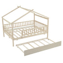 Full Size Wooden House Bed with Twin Size Trundle, Natural