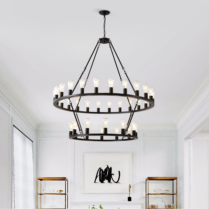 Extra Large Wagon Wheel Chandelier, 2 Tier 36 Lights (No Include) Farmhouse Industrial Round High Ceiling Pendant Light Adjustable Chain, For Dining Room, Living Room, Kitchen - Black