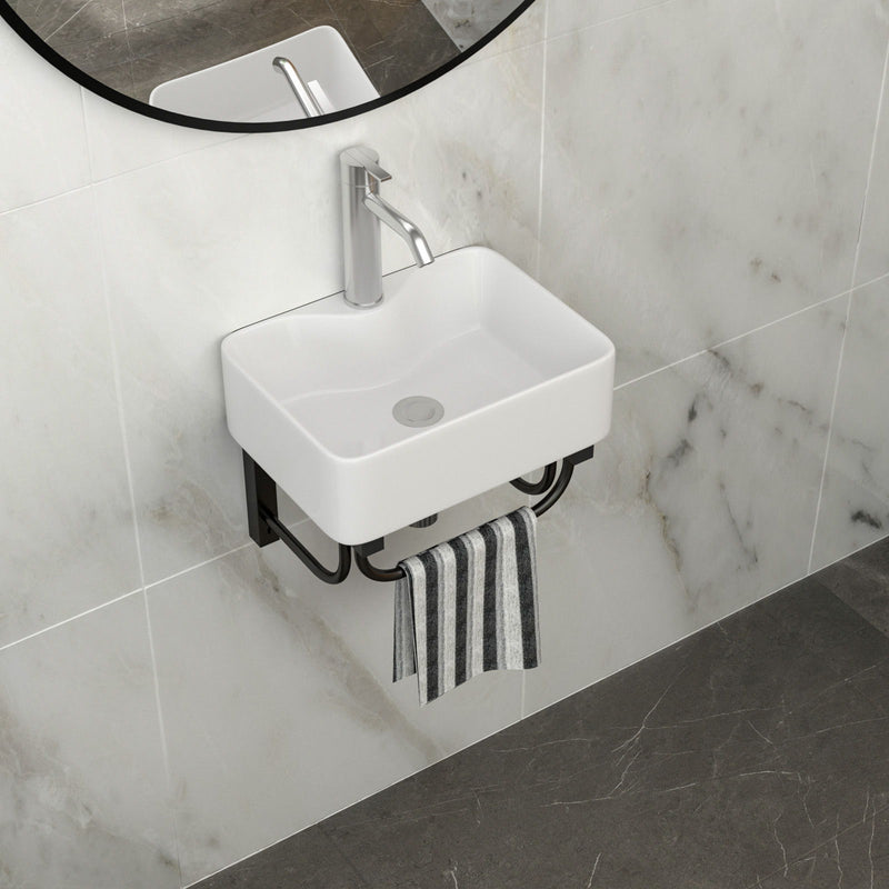 Rectangular Bathroom Sink With Towel Bar & Faucet Hole, Wall Mounted - White
