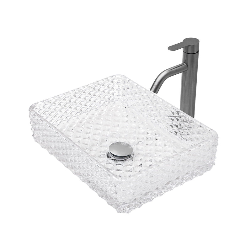 Rectangle Vessel Sink With Diamond Texture With Pop Up Drain (No Faucet) - White