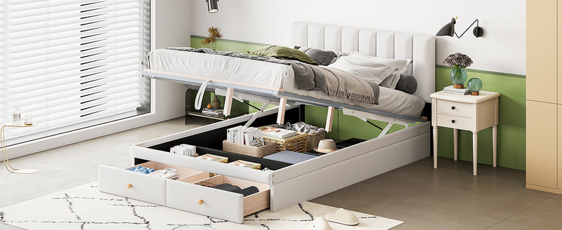 Full Size Upholstered Bed with Hydraulic Storage System and Drawer, White